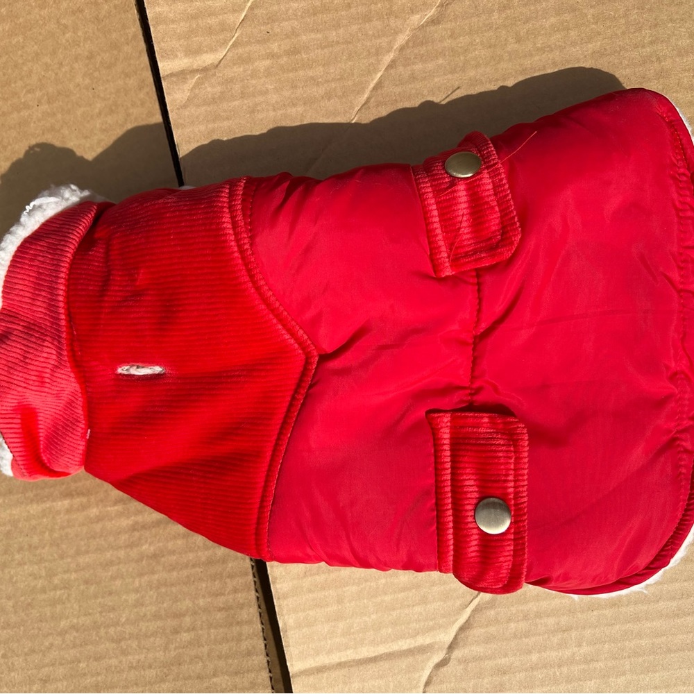 Fleece doggie jacket. Red with white fleece interior. Size small.